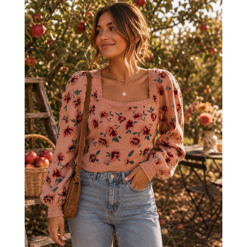 Floral Square Neck Puff Sleeve Sweater - Peach